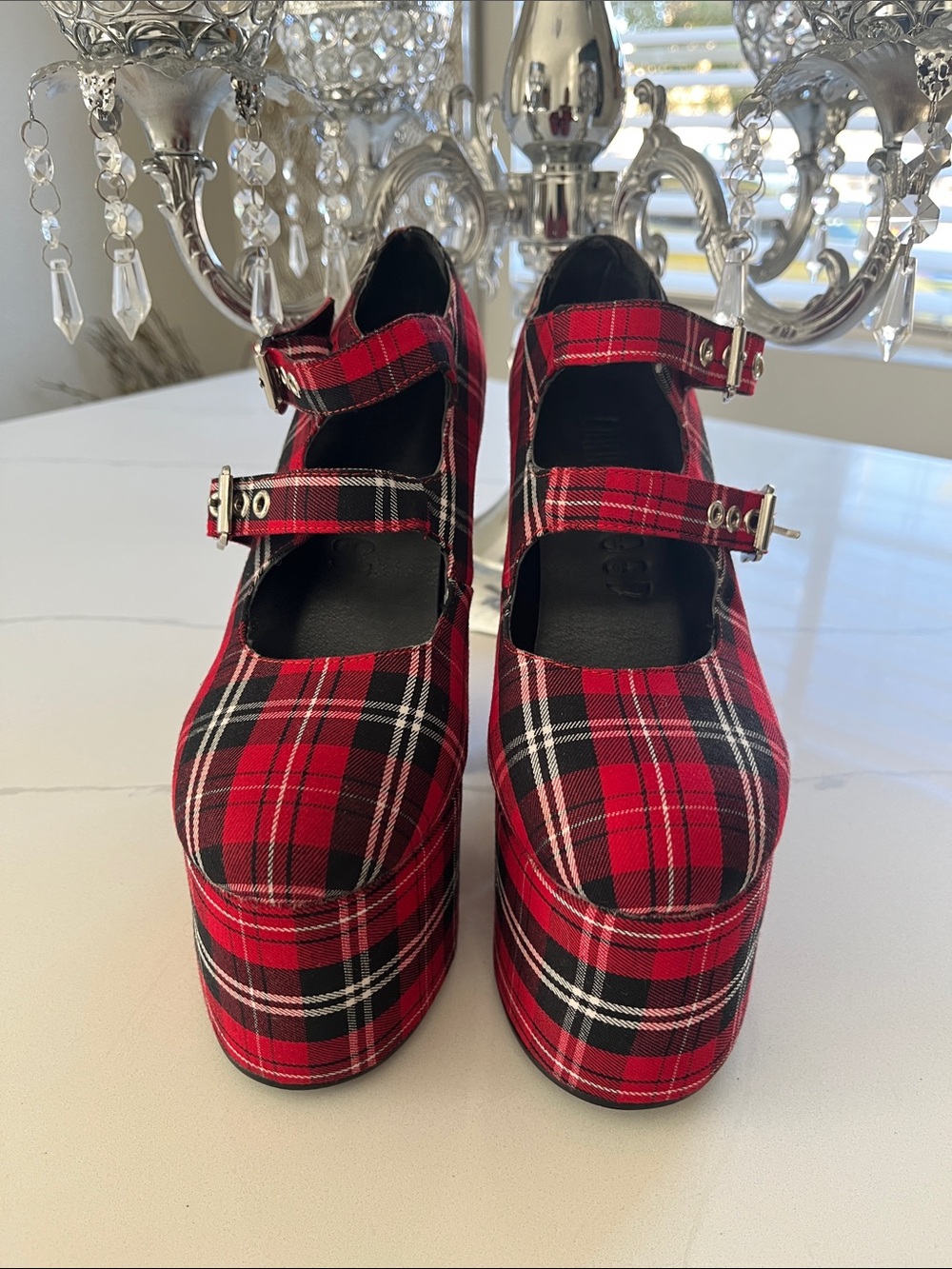Current Mood Red Black Plaid Mary Jane Platform Heels